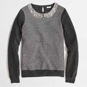 J.Crew Women's Jewel Peter Pan Collar Herringbone Gray Sweater Merino Wool Small